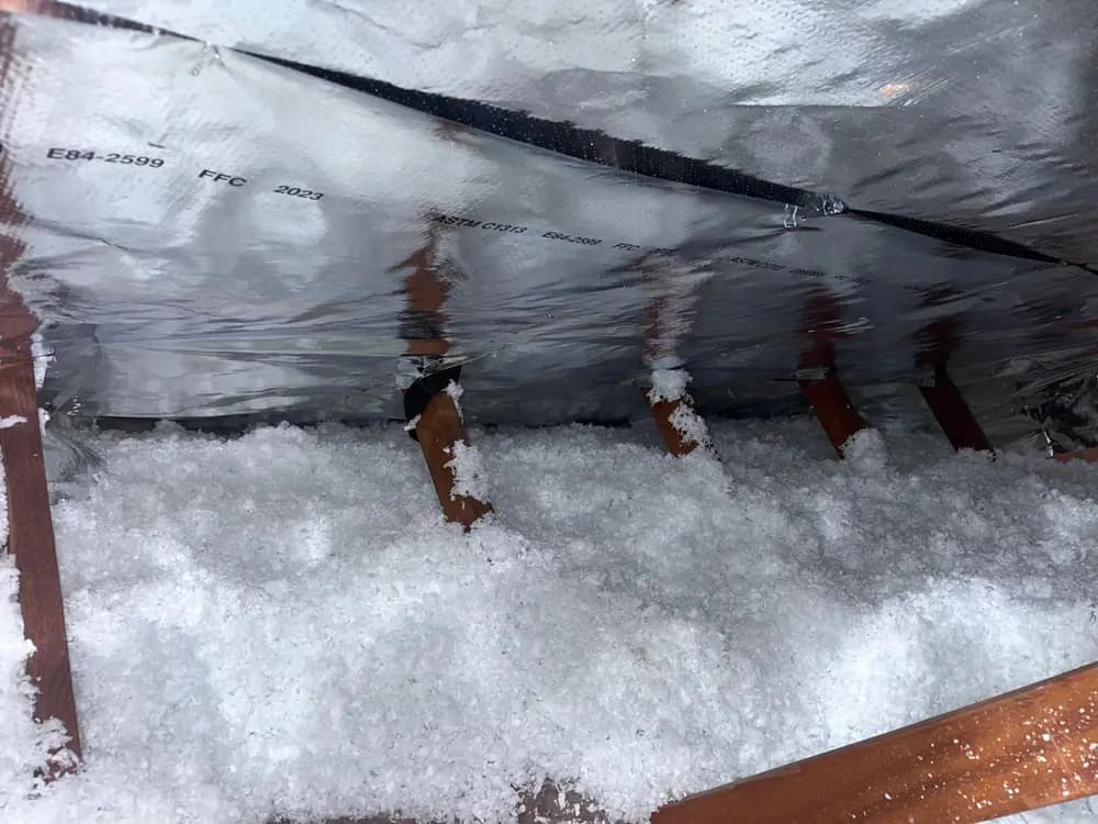 Loose-fill insulation spread evenly across an attic floor beneath a fitted radiant barrier.