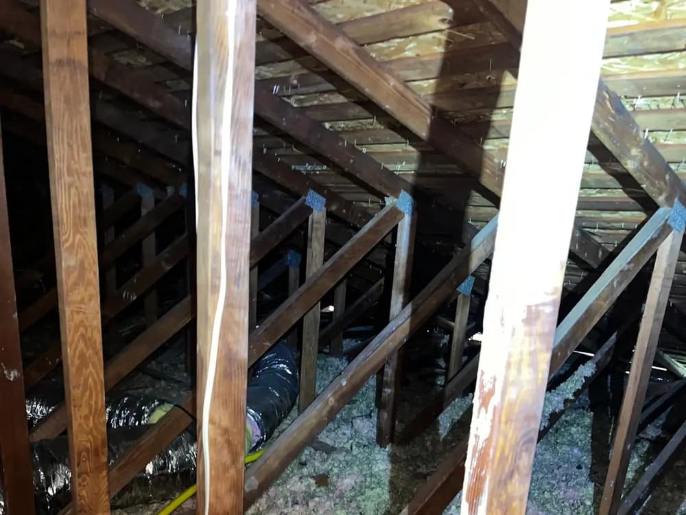 Attic stripped of its previous insulation, with the bare framing and remaining debris still visible.